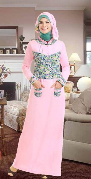 Gamis Batik Kombinasi Kain Polos Model Terbaru 2017 